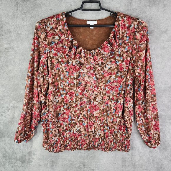 Women's Charter Club Woman Floral Ruffle Blouse Top Brown/Pink/Blue Size 1X - Picture 2 of 9